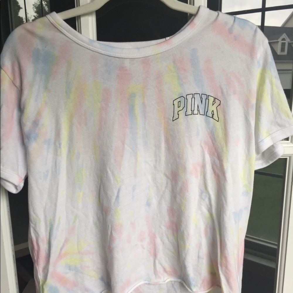 PINK Tie Dye Cropped Rolled-hem Short Sleeve Top